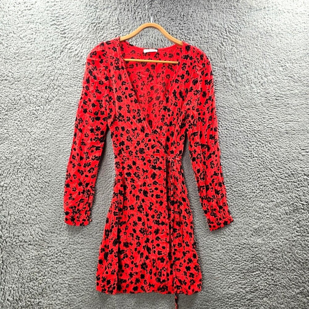 Kookai Womens Wrap Dress Size 34 Orange Black Floral Long Sleeve V-Neck Tie